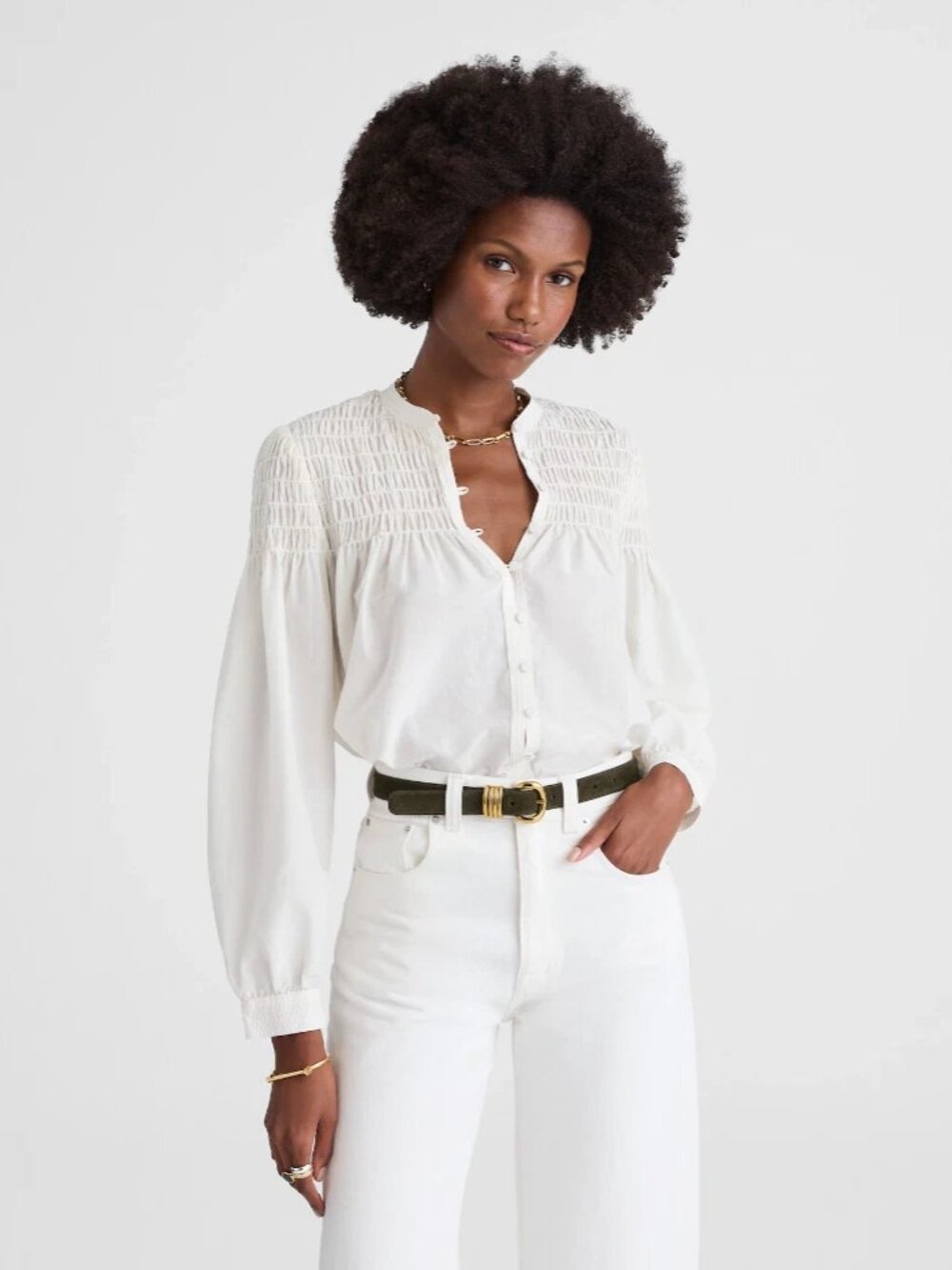 Madewell Cream Cotton/Silk Long Sleeve Button Front Smocked Top M NWT